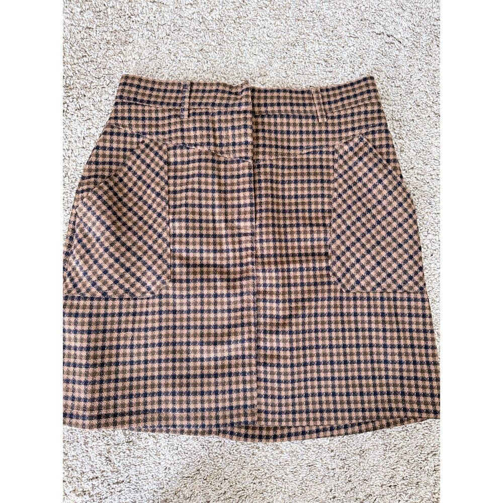 Polygyn Brown Navy Plaid Mini Skirt Medium Patch Pocket Preppy Academia